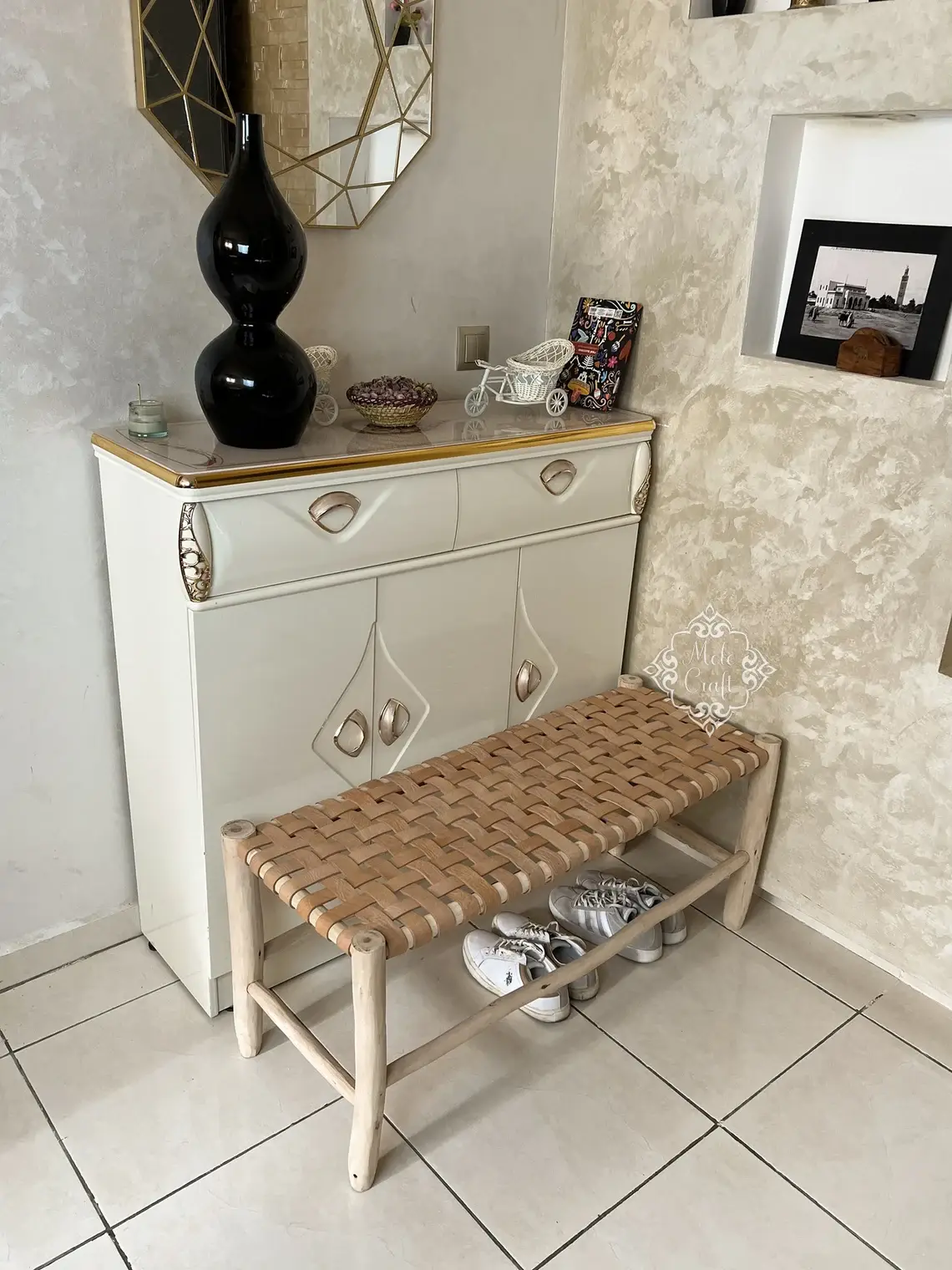 Melecraft - Wholesale Bench - Wicker Wood Leather bench, Handmade Bench, Wood Work Bench2