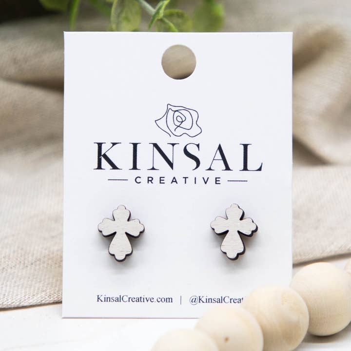 Decorative Cross Wood Stud Earrings for wholesale by Kinsal Creative