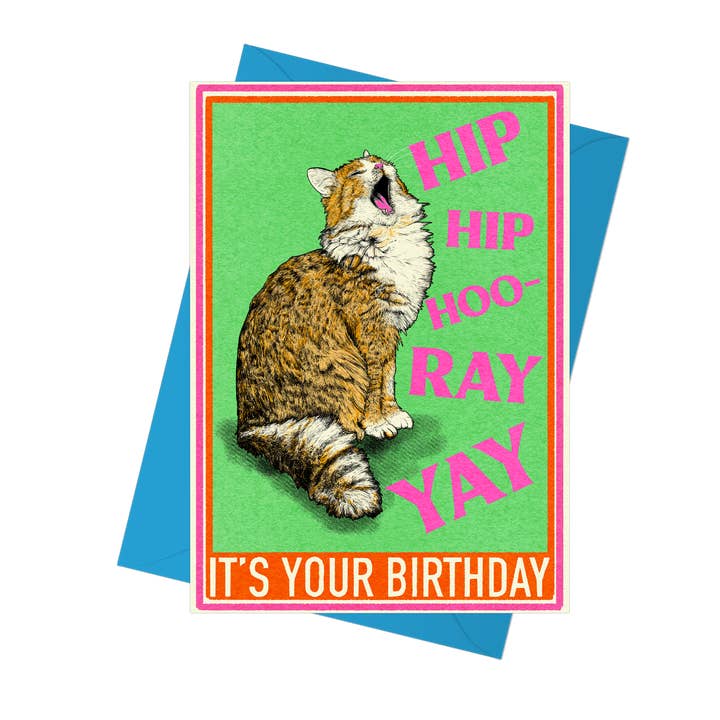 Fawn & Thistle Ltd (US Duties Paid) – postal de parabéns por atacado – Cartão de Aniversário Hip Hip Hooray com Gato | Cartão de Parabéns1
