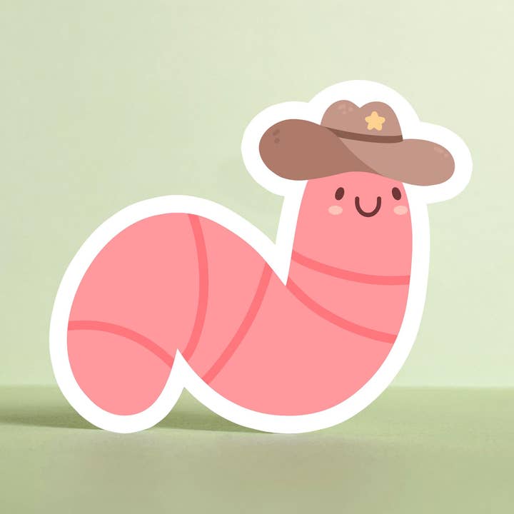 Pink Cowboy Worm Sticker: Die-Cut Vinyl Decoration for wholesale by Ouri Studio