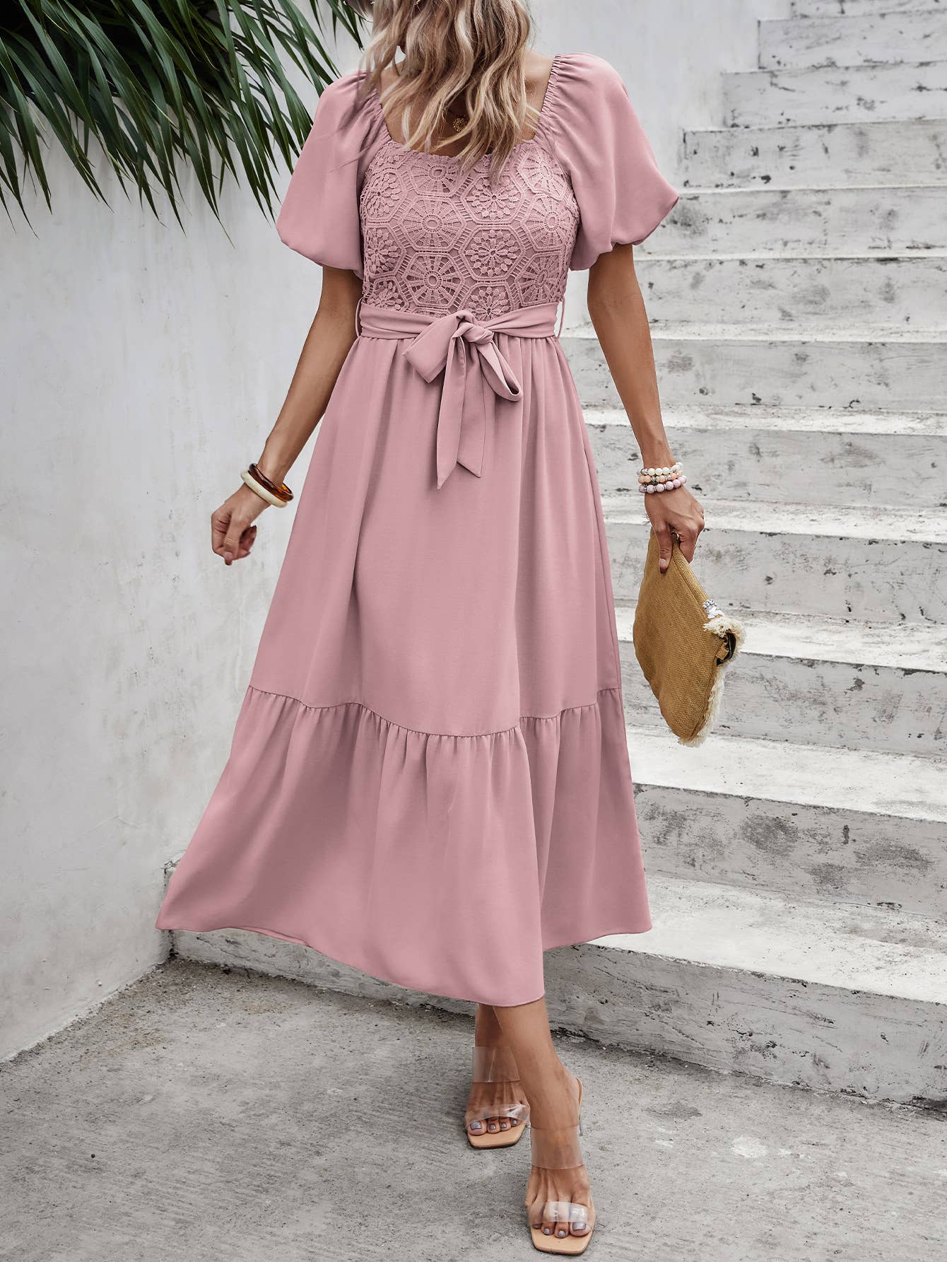 eLook - Wholesale Jurk - Dames - SZ1-DR1008 Midi-jurk met haakdetails en pofmouwen en riem10