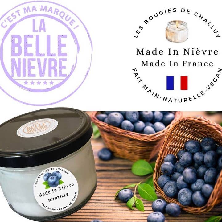 CANDELA «BLUEBERRY» PRODOTTA A NIÈVRE per la vendita all'ingrosso da parte di LES BOUGIES DE CHALLUY