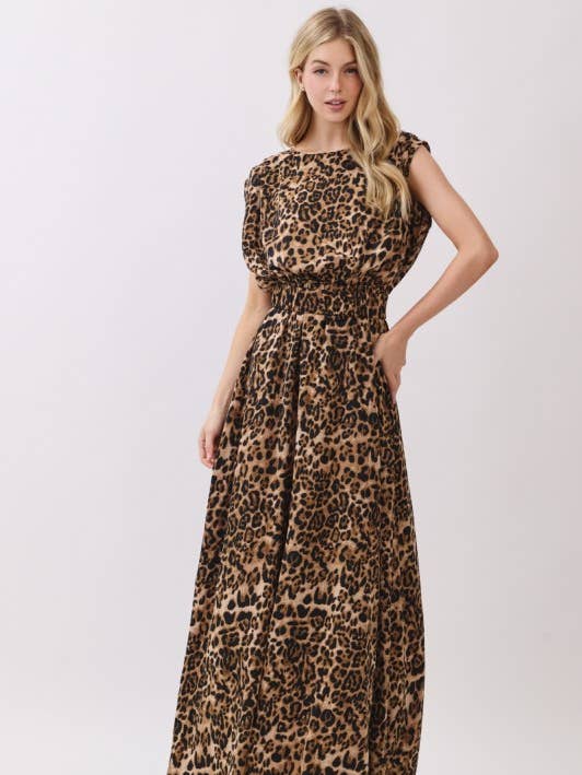 Women Woven Leopard Print Sleeveless Maxi Dress for wholesale by Pink Irene Wholesale