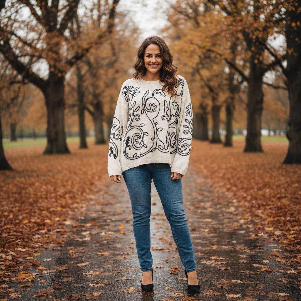 Kurt Muller - Vente Pull en maille – femme - Pull en maille toucher doux avec broderie à points contrastés0
