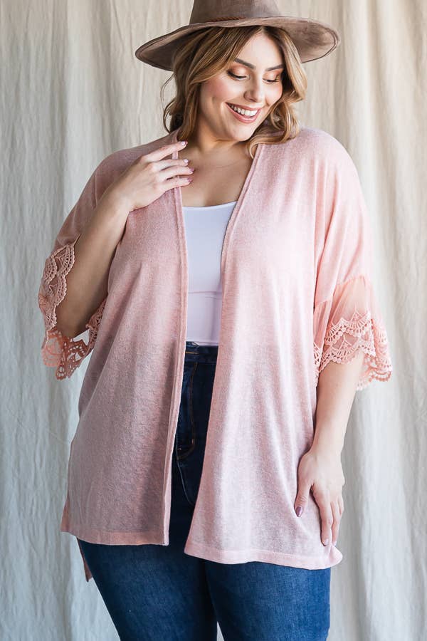 7th Ray – Engroshandel Cardigan - Dame – [PLUS SIZE] Cardigan til kvinder med blondeærmer til hverdagsbrug T4485XL7