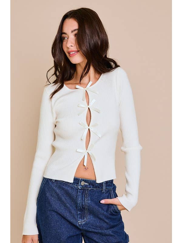 LE LIS - Wholesale Knit Top - Women's - Long Sleeve Satin Bow Detail Sweater Top