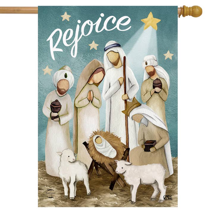 Rejoice Nativity House Flag for wholesale by Briarwood Lane