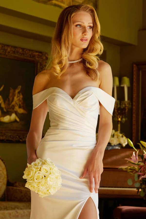 IVORY Off Shoulder Bow Back Pleated Wedding Dress for wholesale on Faire3