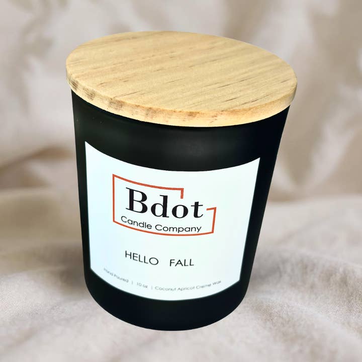 Hello Fall - 10 oz. Black Matte Glass Coconut Wax Candle for wholesale by B Dot Candle Company