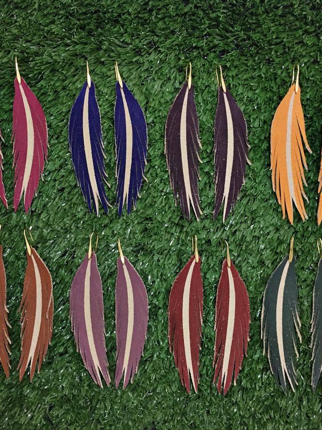 Long Feather Leather Earrings - Painted Light Brown Suede for wholesale by The Supply Society