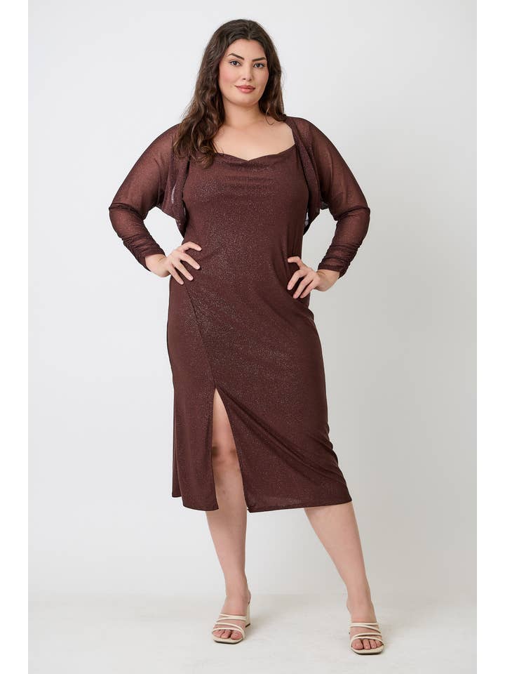 Haute Fox Plus Size & Contemporary - Wholesale Dress - Women's - Plus Size Shimmer Midi Dress with Front Slit JK18749-D4