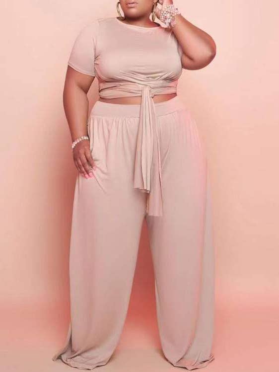plus size tied detail top wide leg pants set for wholesale by Fashion Combination