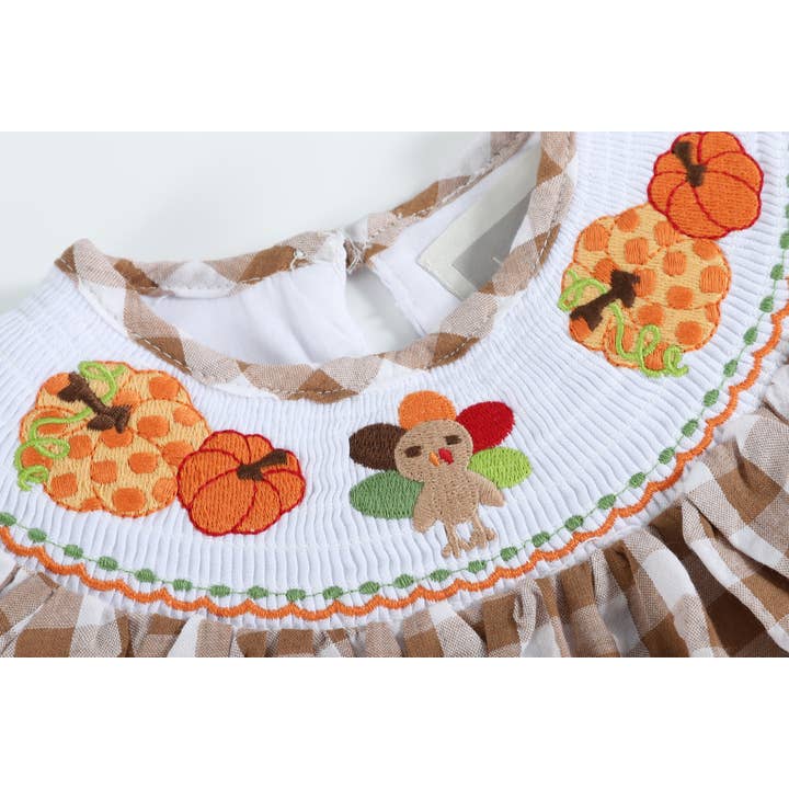 Lil Cactus - Wholesale Dress - Kids - Light Brown Gingham Pumpkin Turkey Smocked Bishop Dress