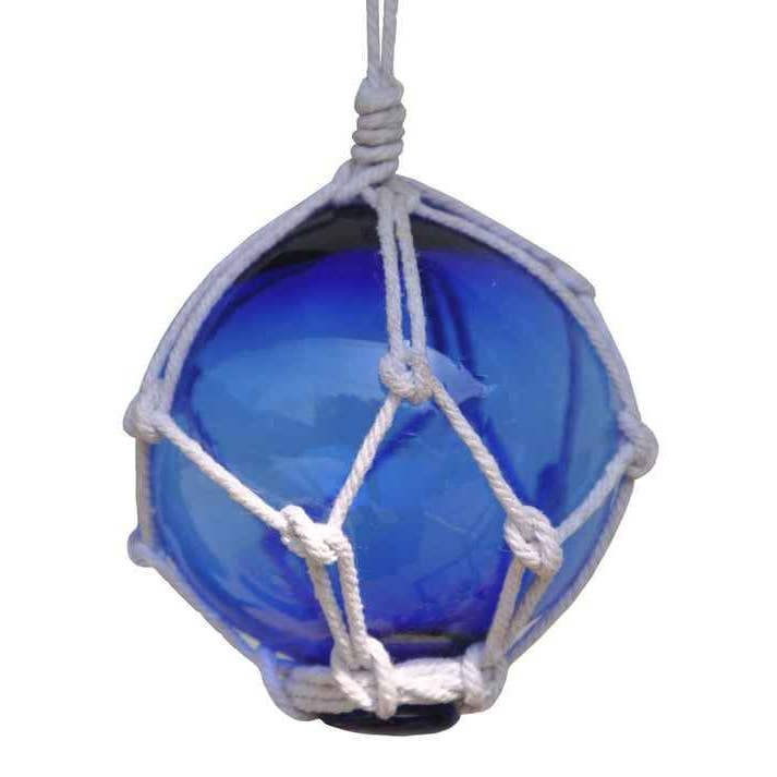 Blue Japanese Glass Ball With White Netting Christmas Ornament 3" for wholesale by Hampton Nautical