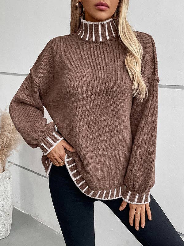 Sheer Trend – Engroshandel Pullover - Dame – Lange ærmer Løs kontrastfarve Split-joint Pullovere med høj hals Sweatertoppe7