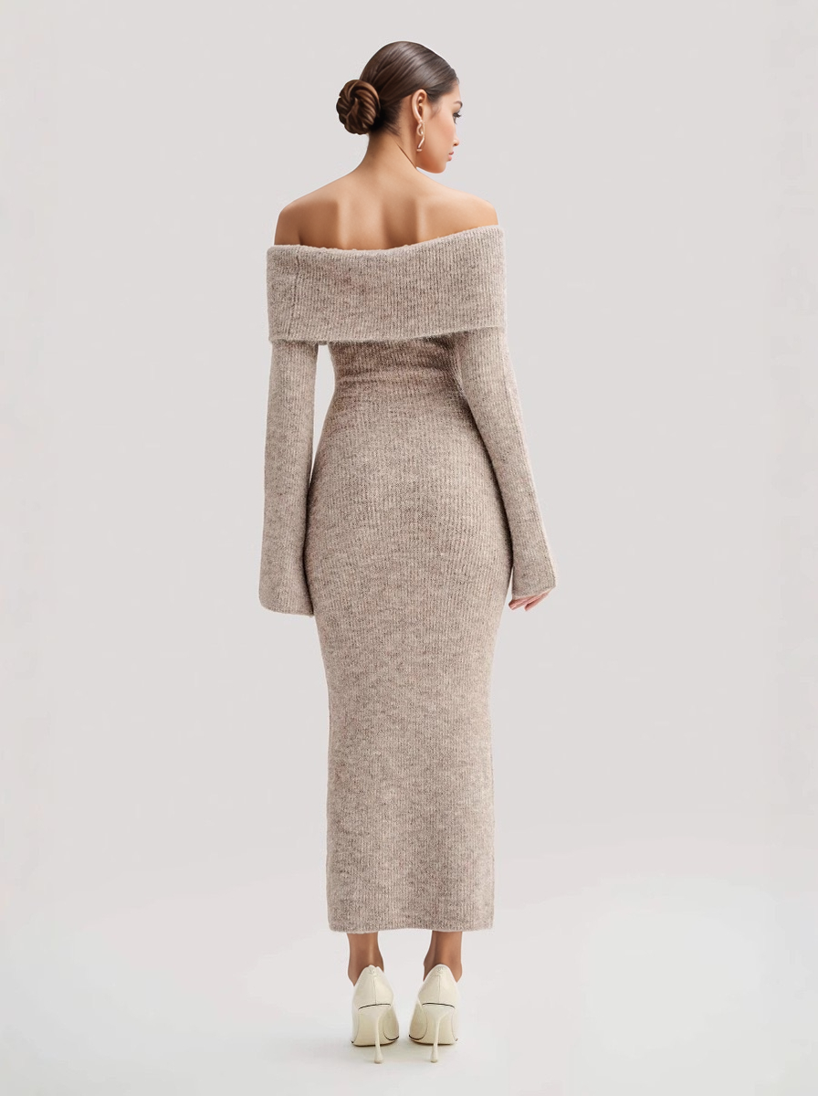 Color as pictures DR901 Off-Shoulder Knit Bodycon Long Sleeve Sweater Dress for wholesale on Faire2