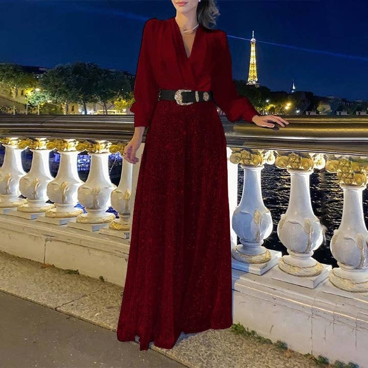 Plush Looks - Wholesale Top & Pant Set (NOT Loungewear) - Women's - Sequin Wide Leg Pants Suit With V-Neck Long Sleeve Shirt