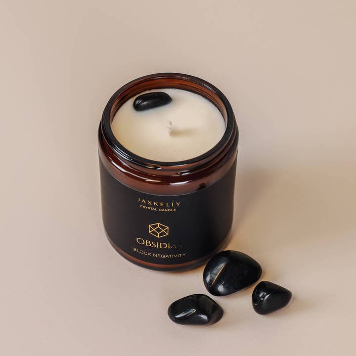 JaxKelly Candles - Wholesale Jar/Filled Candle - 9oz Amber Crystal Candles - Obsidian - Block Negativity1