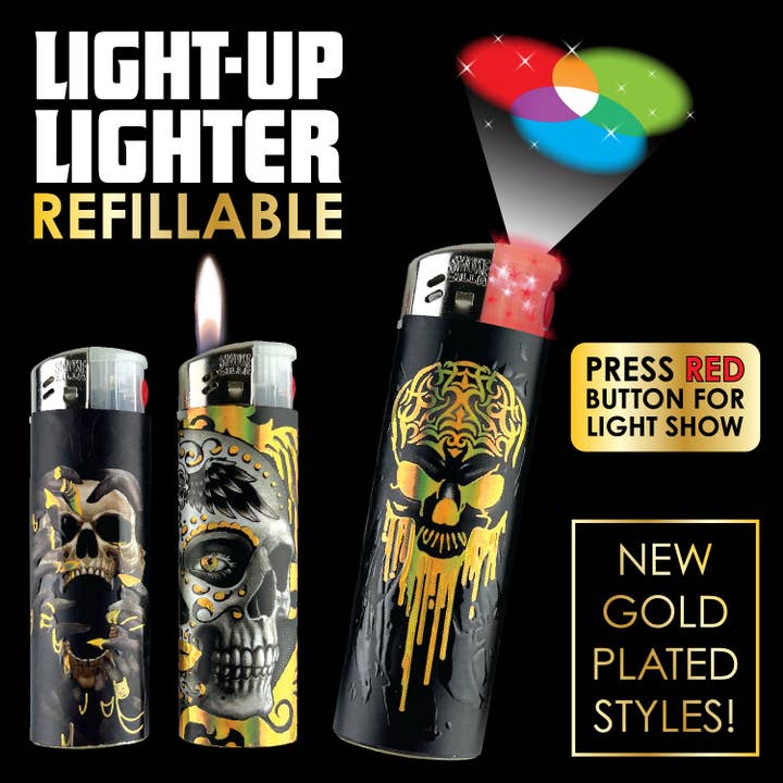 Novelty Closeout - Wholesale Lighter - Smokezilla LightUp Gold Foil Curve Lighter Assortment- 30/Pk2