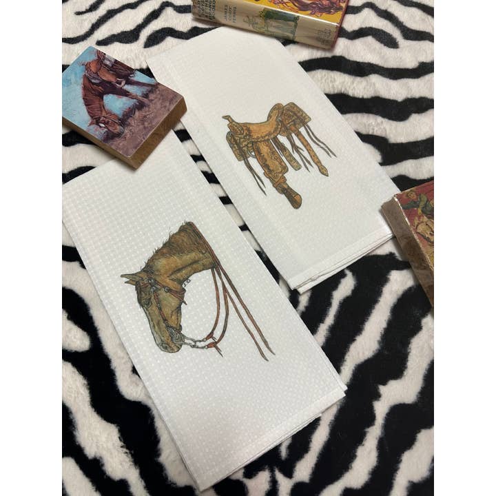 Western Kitchen Hand Towels - Horse Head & Saddle Up for wholesale by The Branded Blue Roan