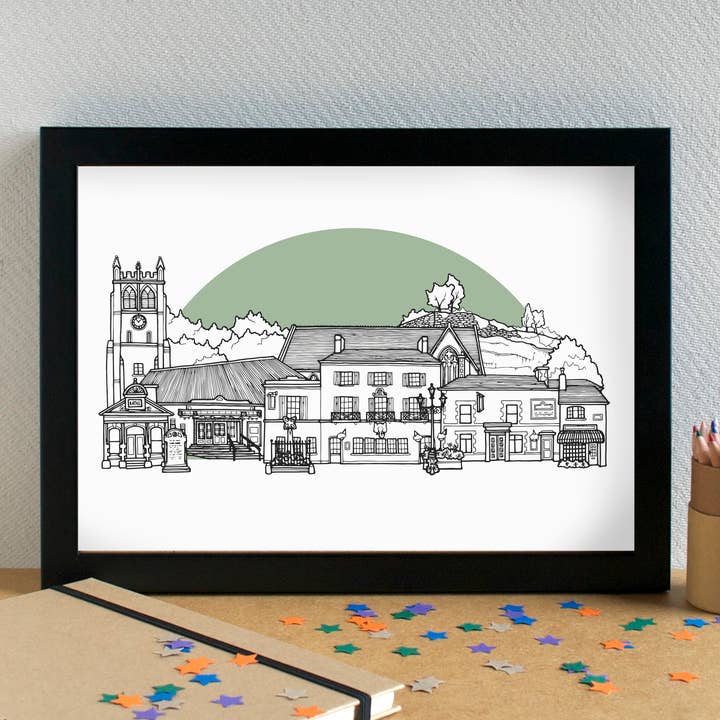 Impression artistique de l'horizon de Woolton Village Liverpool pour la vente par Becka Griffin Illustration