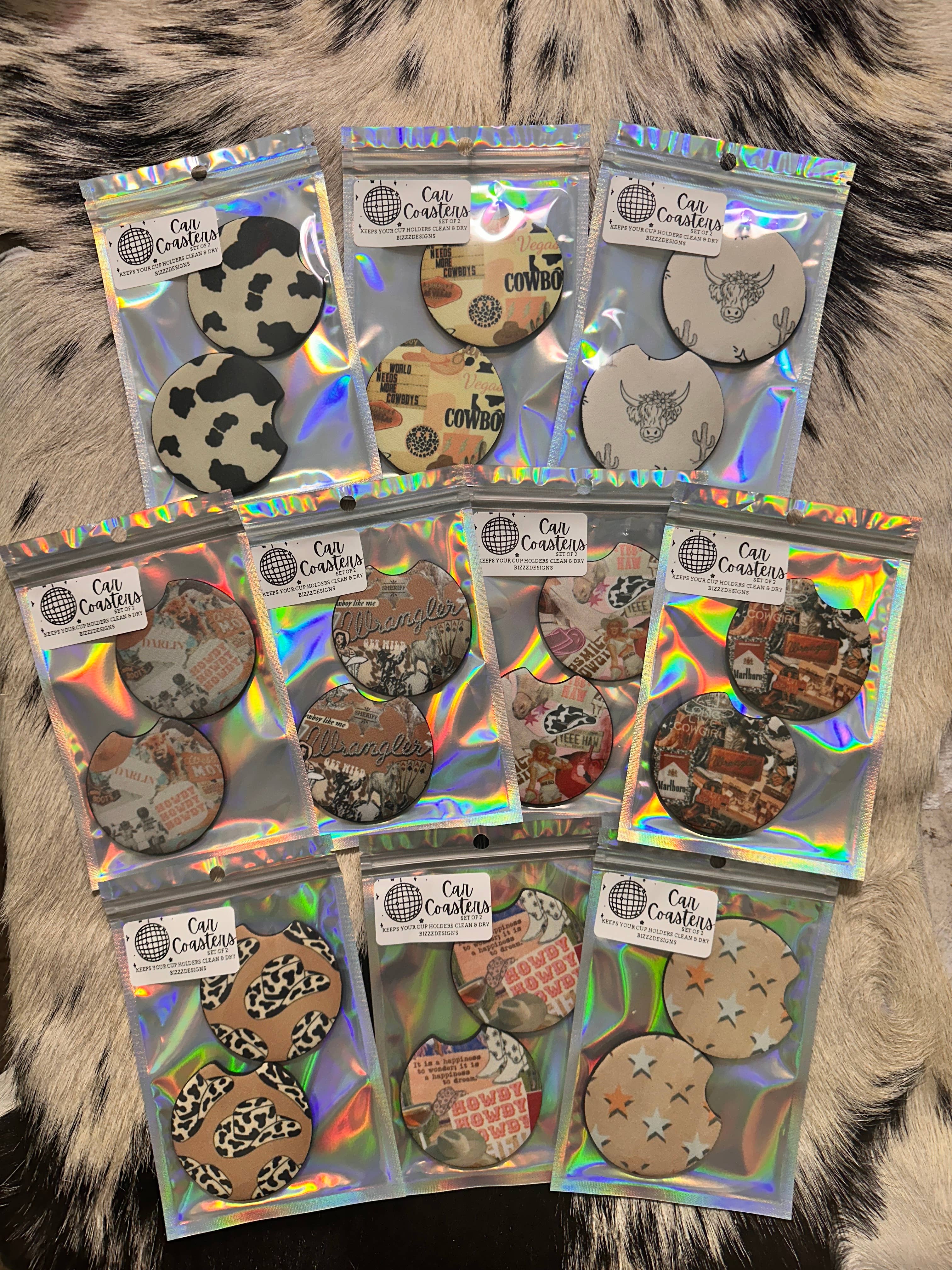 Bizzz Designs - Vendita all'ingrosso Sottobicchiere per auto - Donna - Sottobicchieri Western Car | Set di 10 sottobicchieri per auto Punchy6