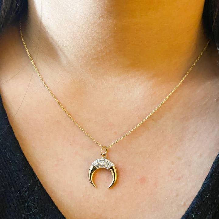 14k Solid Gold Double Tusk Horn With Pave' Diamonds / Crescent Moon Charm / Diamond Horn Charm for wholesale by SHREE DIAMOND GEMS AND JEWELS