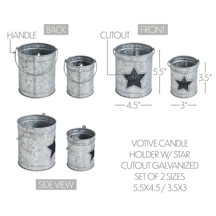 VHC Brands - Wholesale Candle Holder - Votive Candle Holder w/ Star Cutout Galvanized Set of 2 Sizes
