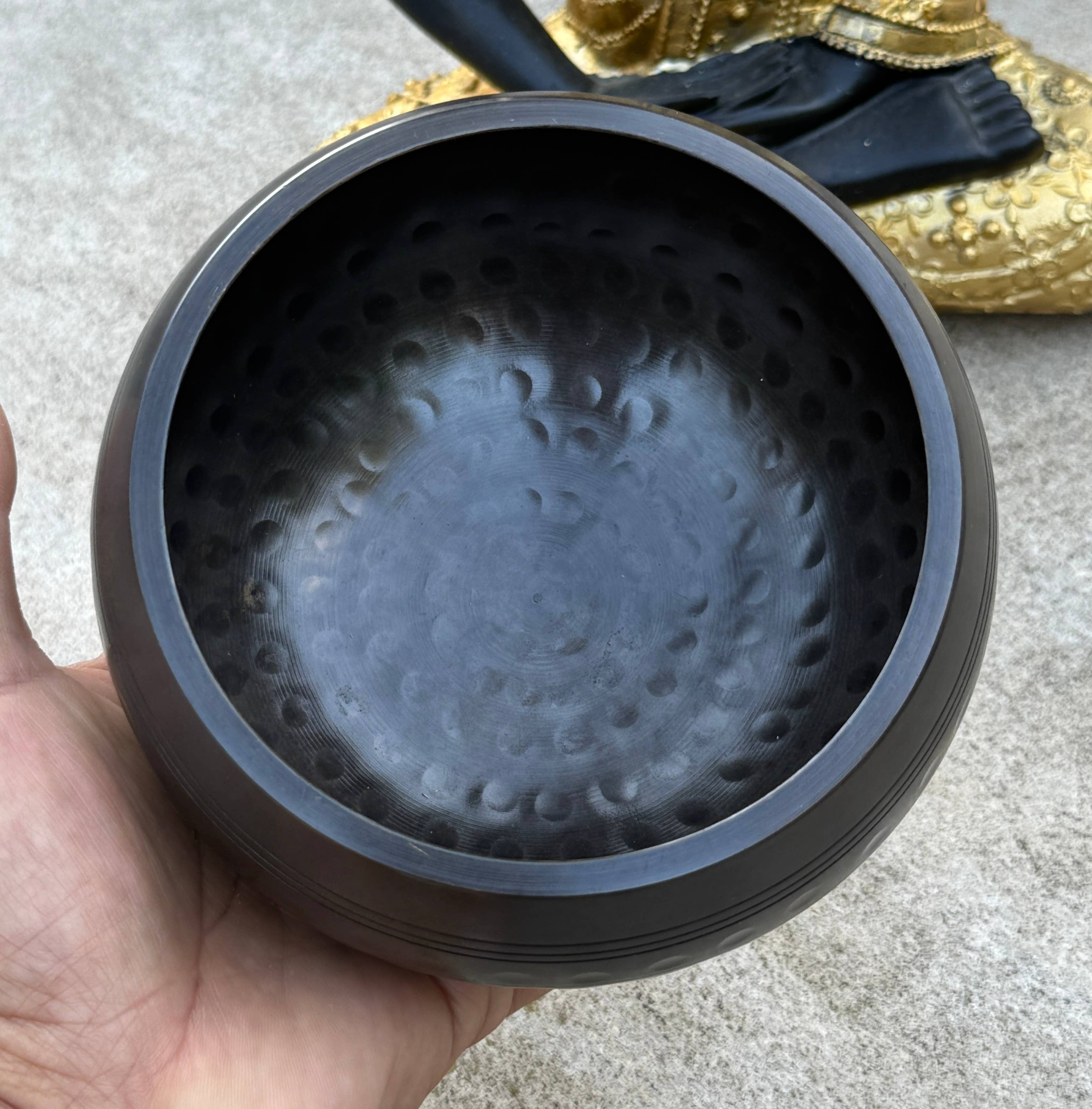 Lungta Imports – wholesale Meditation supplies – Hammer Mark Singing Bowl Set ~ With Mallet and  Cushion 5