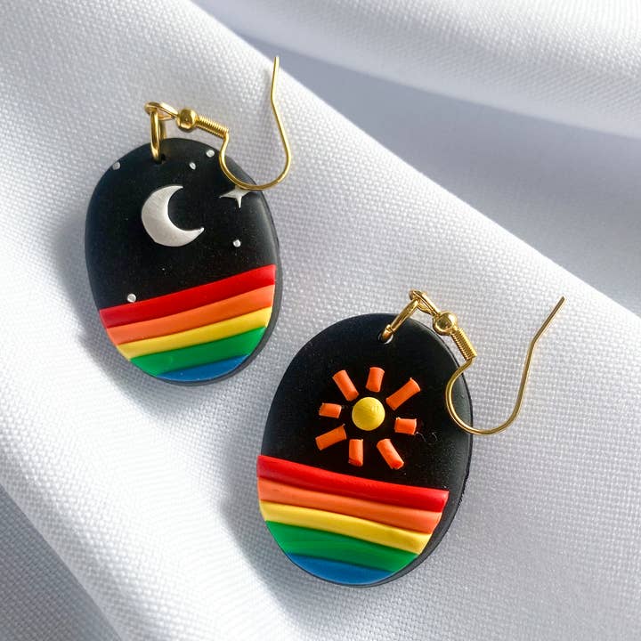Rainbow Sun and Moons / Clay Nature Colorful Bright Earrings for wholesale by Peripheral US