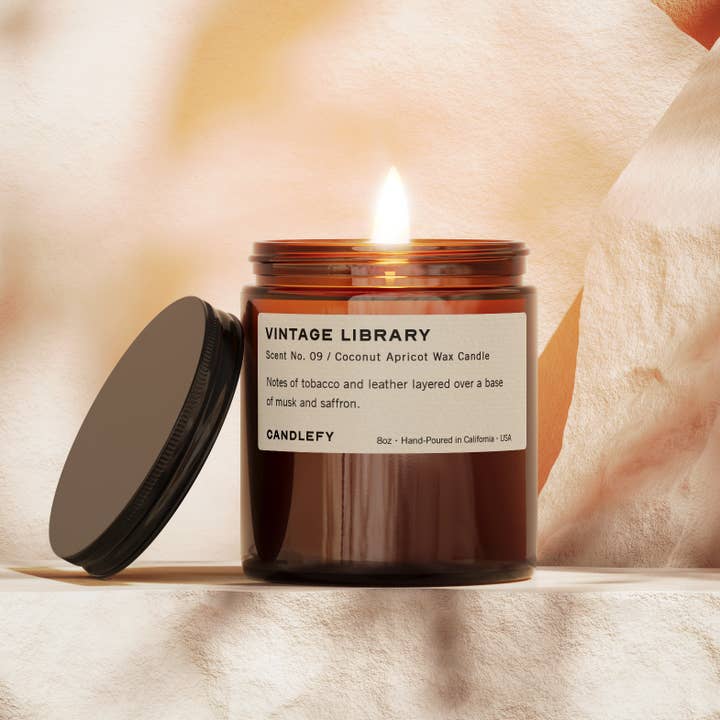 Vintage Library Candle • 8oz Amber Jar • Coconut Wax for wholesale by Candlefy