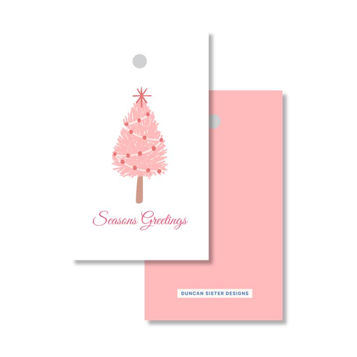 Lyserøde juletræsgavemærker – Sæt med 8, fremstillet i USA for engroshandel hos Duncan Sister Designs