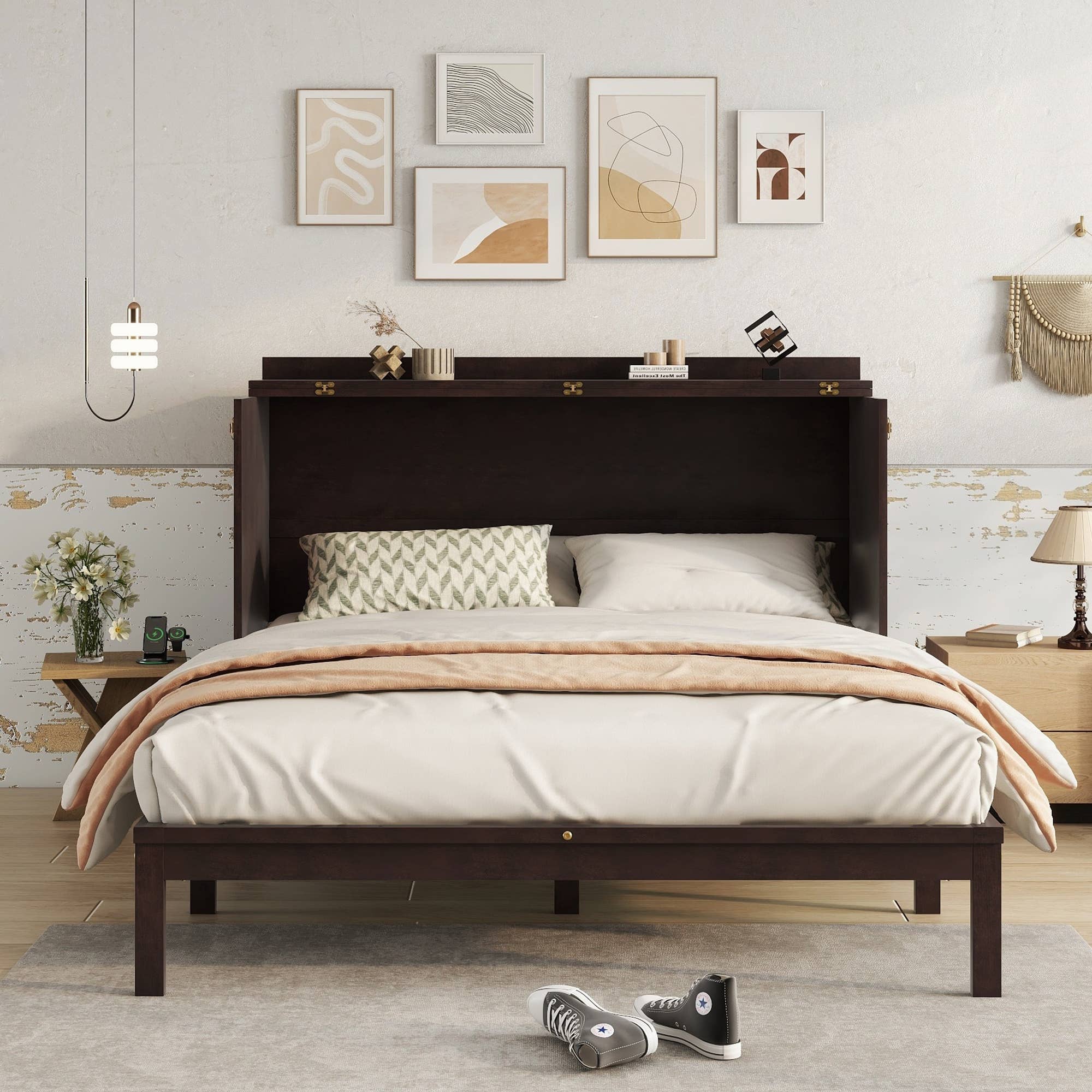 39F Inc. - Wholesale Bed - Queen Size Murphy Bed, Pine Wood Cabinet Bed w Power Station25