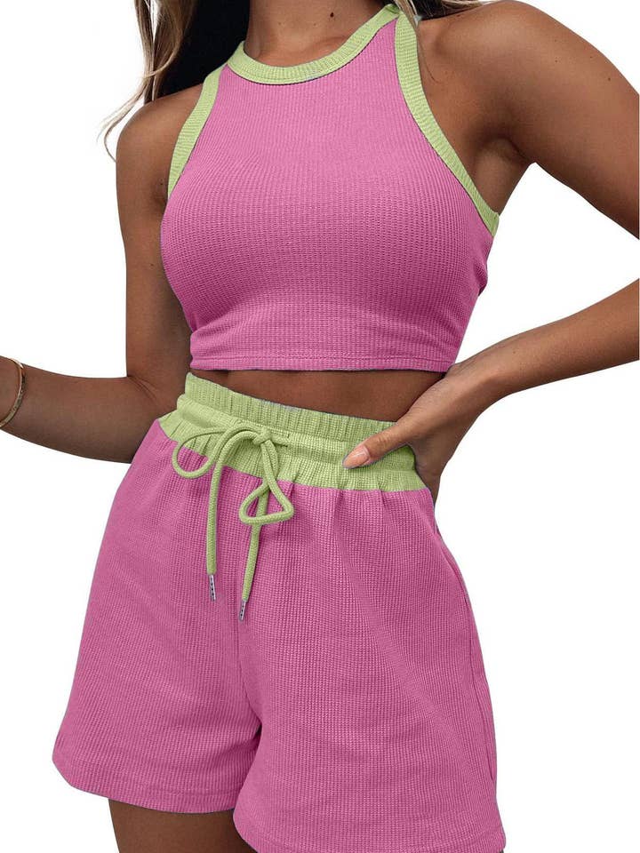 Sport colorblocked crop top shorts set for wholesale by Rosa Clothing