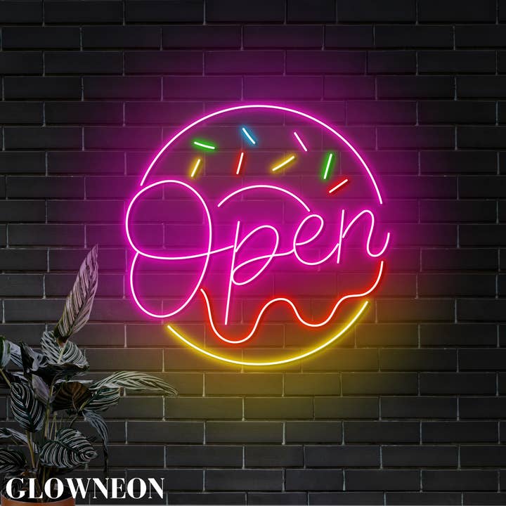 Insegna al neon aperta a forma di ciambella, decorazione da parete a LED per pasticceria per la vendita all'ingrosso da parte di Glow Neon