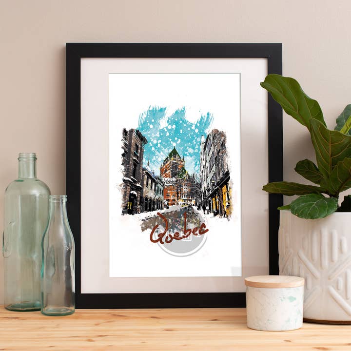 Quebec Print, Quebec Skyline, Quebec Art, Quebec plakat, Quebec akvarel, Quebec kunsttryk, Quebec kort, Quebec Wall Art WCSymbol121 for engroshandel hos DreamMachine Prints