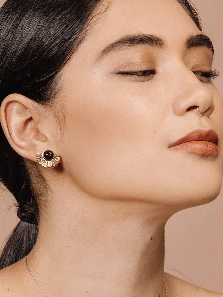 Gold Fan Studs - Black Porcelain with Gold Overlay for wholesale by Barrow PDX