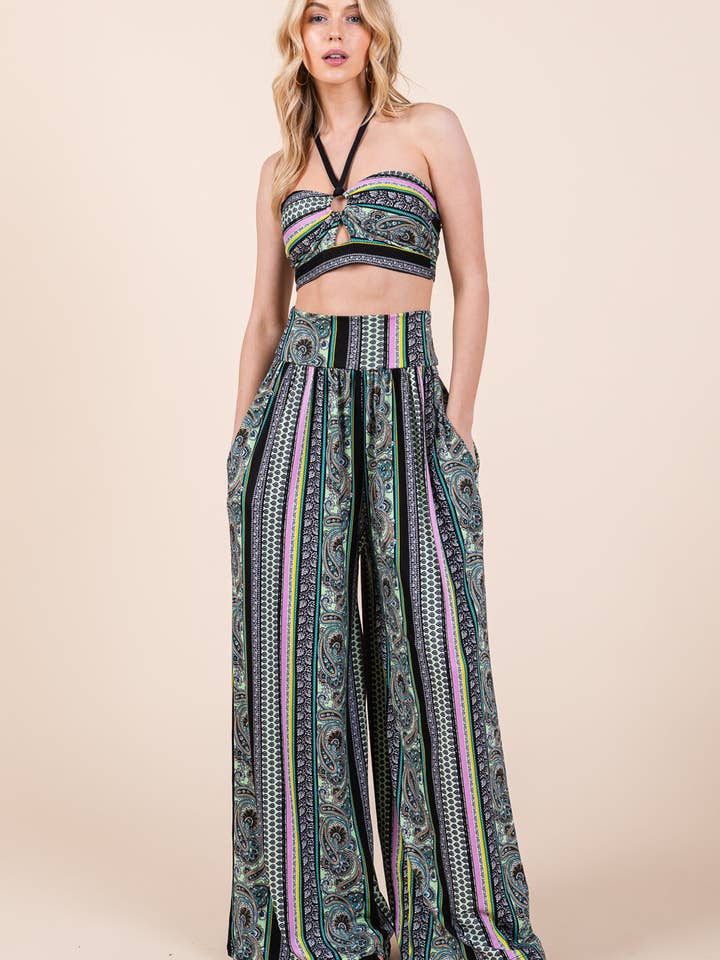 Top corto halter con pantalones anchos con bolsillos para venta al por mayor de Orange Farm Clothing