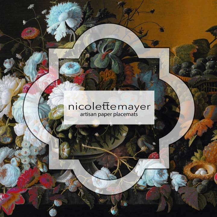 Bird Nest Floral Ochre Still Life Painting Paper Placemat Pad, One Set Of 24 for wholesale by Nicolette Mayer Collection