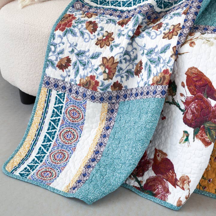 Tache Home Fashion - Wholesale Throw Blanket - Tache Cotton Patchwork Old World Garden Pastel Blue Yellow Red Hummingbirds Quilted Throw Blanket (JHW-936)5