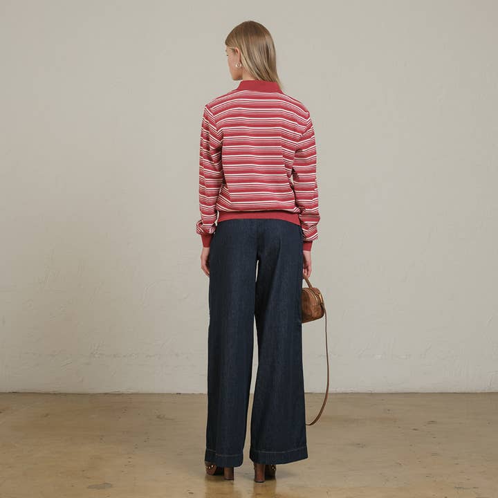 RAISONNEL - Wholesale Polo - Women's - Striped Polo Long Sleeve – Burgundy & Navy - RTK10082