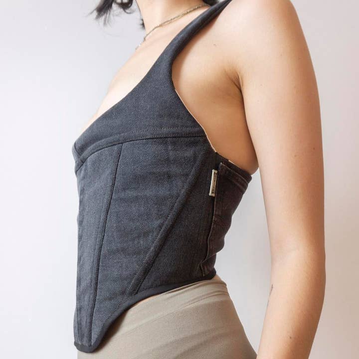 Upcycled black jeans into victorian corset • Pre-Order for wholesale by MARIA JOVREA