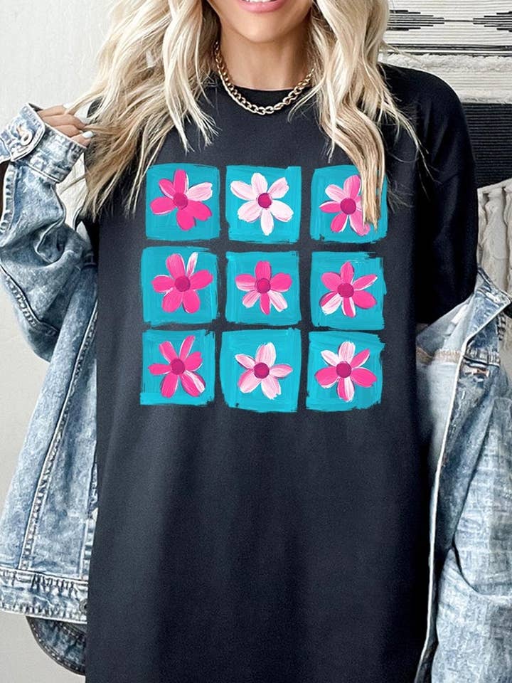 T-shirt Gráfica Floral em Bloco de Cor em Algodão Pesado por atacado de Pink Irene Wholesale