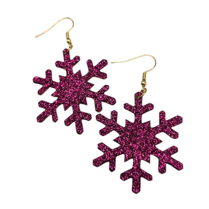 Burgundy glitter snowflake earrings for wholesale by Trend Tonic Ltd