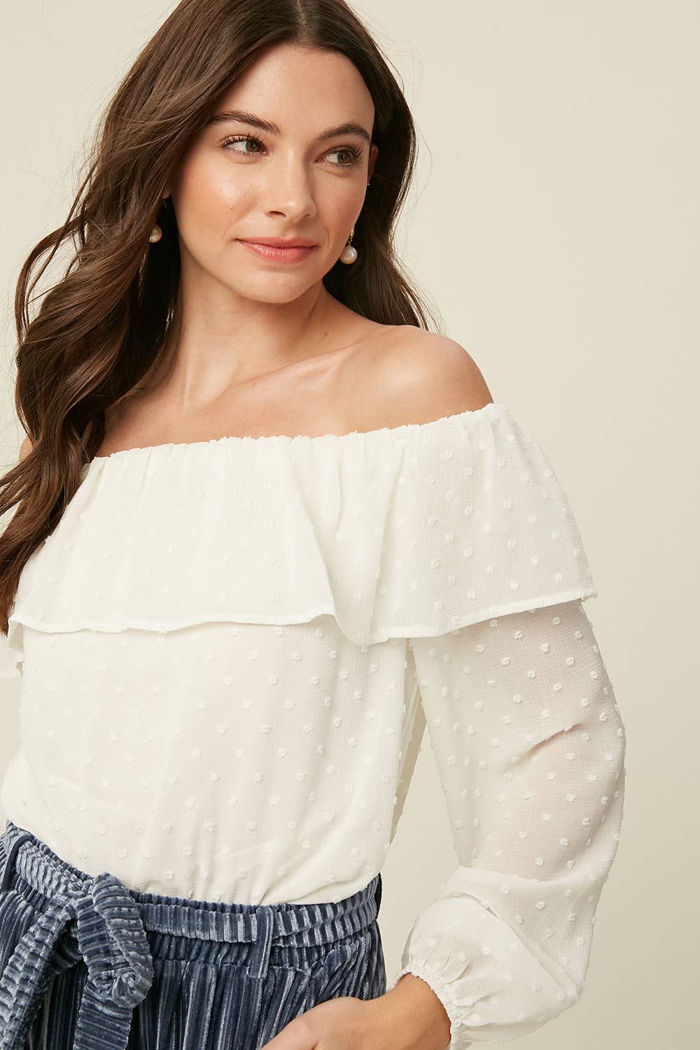 Cream Swiss Dot Off-Shoulder Ruffle Blouse LT0895 for wholesale on Faire1