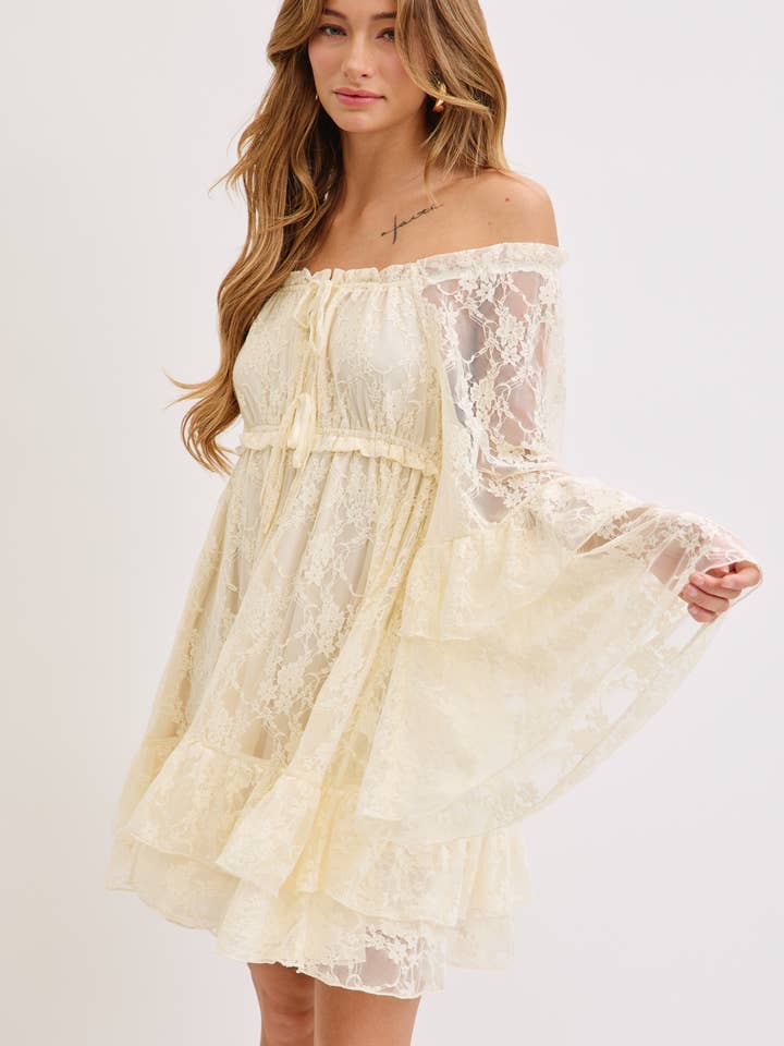 VANILLA RUFFLE LAYERED BELL SLEEVE LACE DRESS for wholesale on Faire