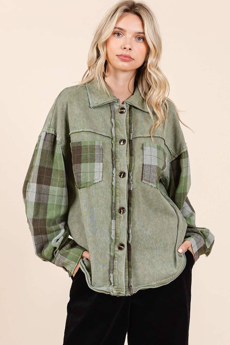 mittoshop - Wholesale Shirt Jacket/Shacket - Women's - MINERAL WASH CONTRAST PLAID PATCHWORK SHACKET6