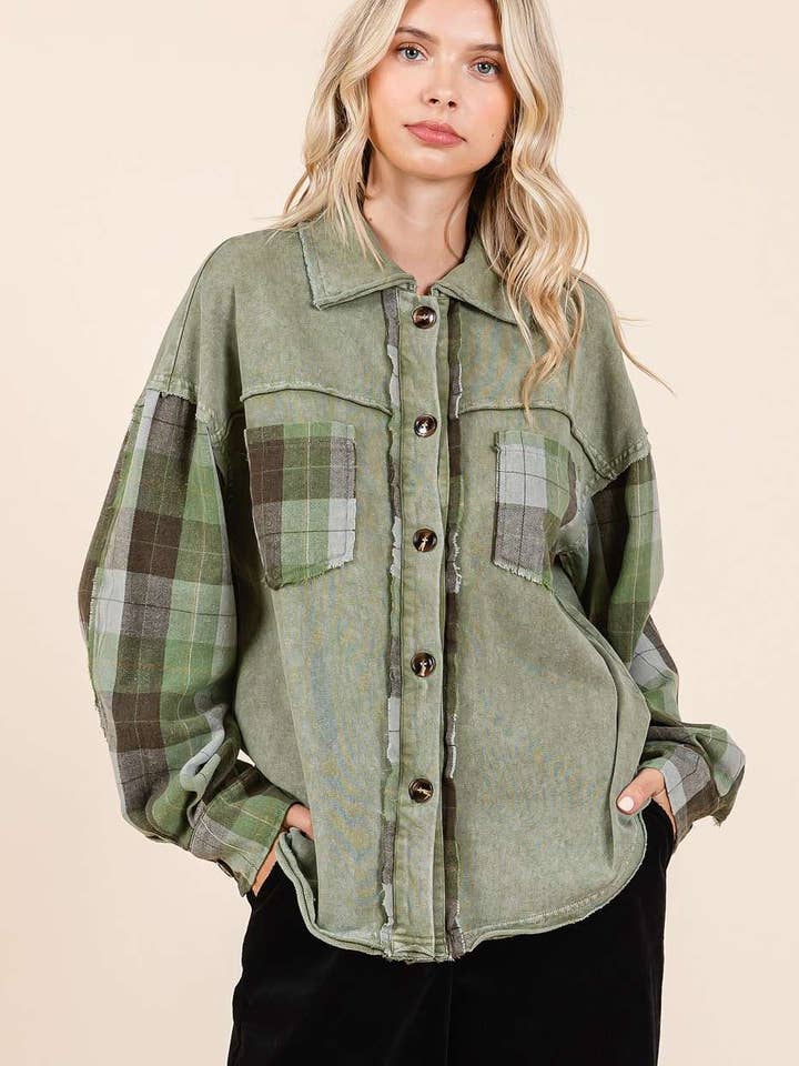 mittoshop - Wholesale Shirt Jacket/Shacket - Women's - MINERAL WASH CONTRAST PLAID PATCHWORK SHACKET6
