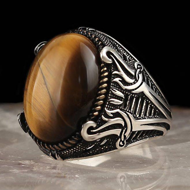 Mens Sterling Silver Tiger Eye Ring med dubbla svärd för wholesale av Ephesus Jewelry