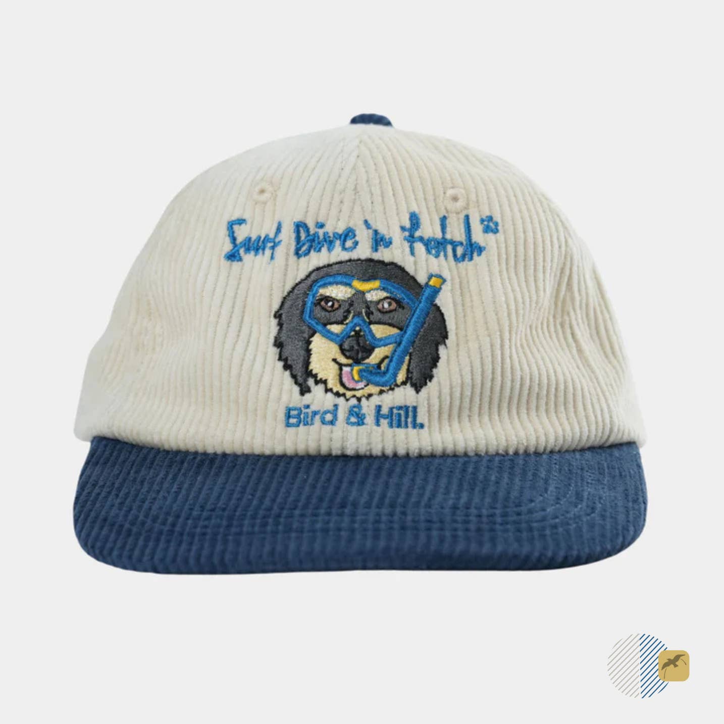 Surf Dive n Fetch Dog Hat | Corduroy Hat | Beige Blue Hat for wholesale by BIRD & HILL.